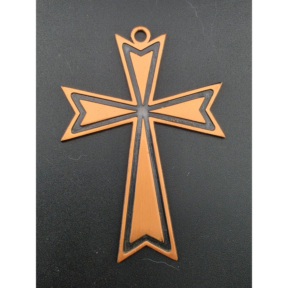 Large Vintage Western 3.5" Embossed Copper Christian Cross Pendant